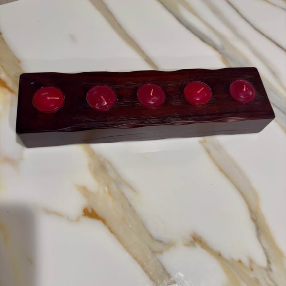 New Vintage Big Sky Natural Wood 5 Tea Light Holder w/5 New Burgundy Tea Candles - Picture 3 of 6